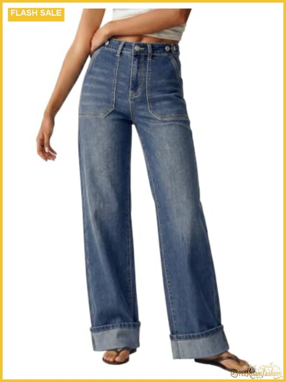 Wide Leg Jeans for Women Cuffed Hem Adjustable Waist Cotton Blend Stretch